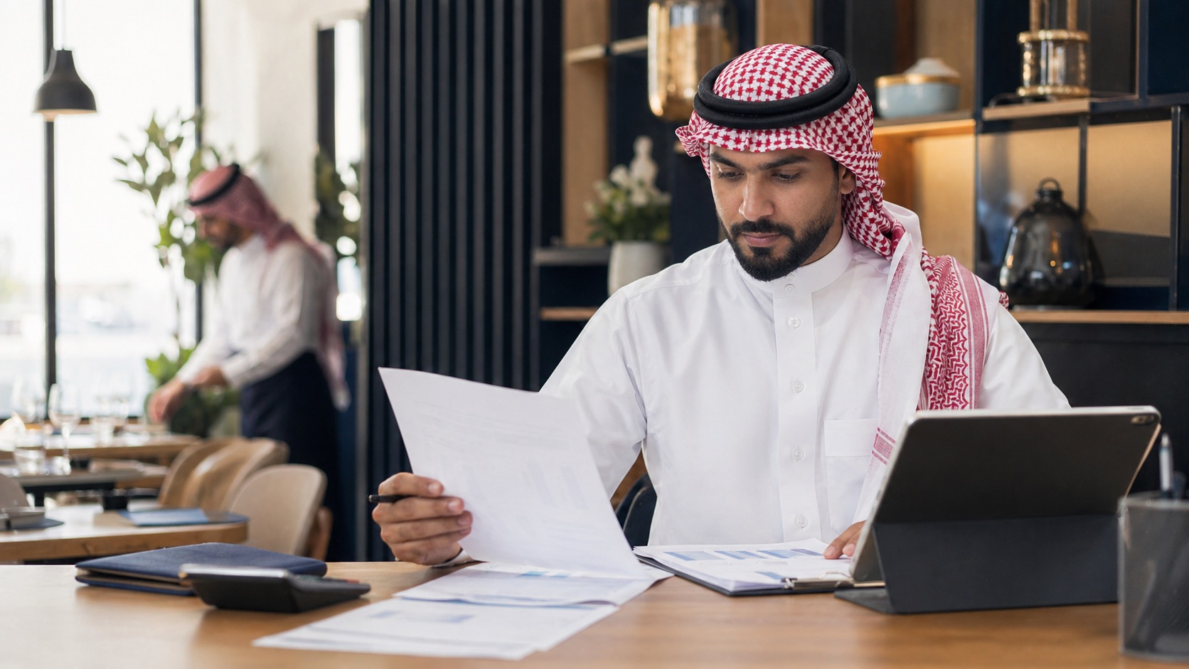 Saudi business operator reviewing cash-flow documents in a restaurant setting