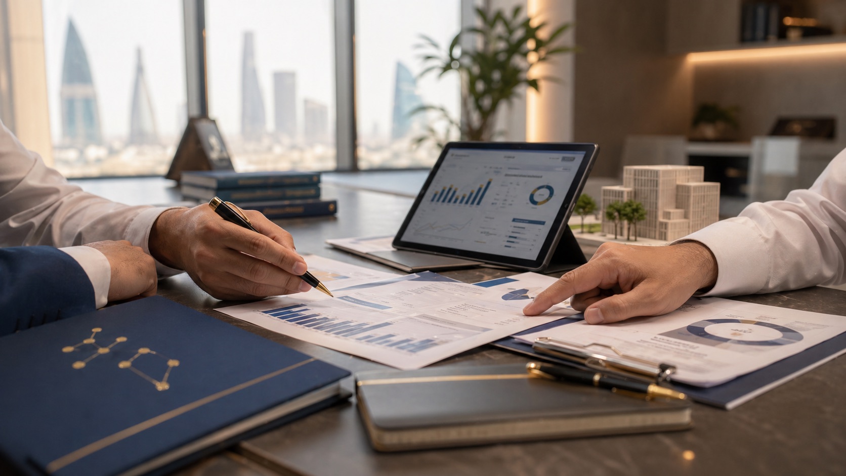 Investment team reviewing anonymized underwriting documents and charts